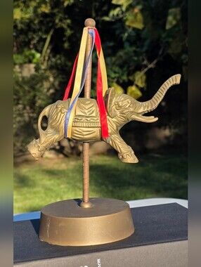 Vintage Brass Carousel Elephant Music Box Figurine Moving Hollywood Regency MCM